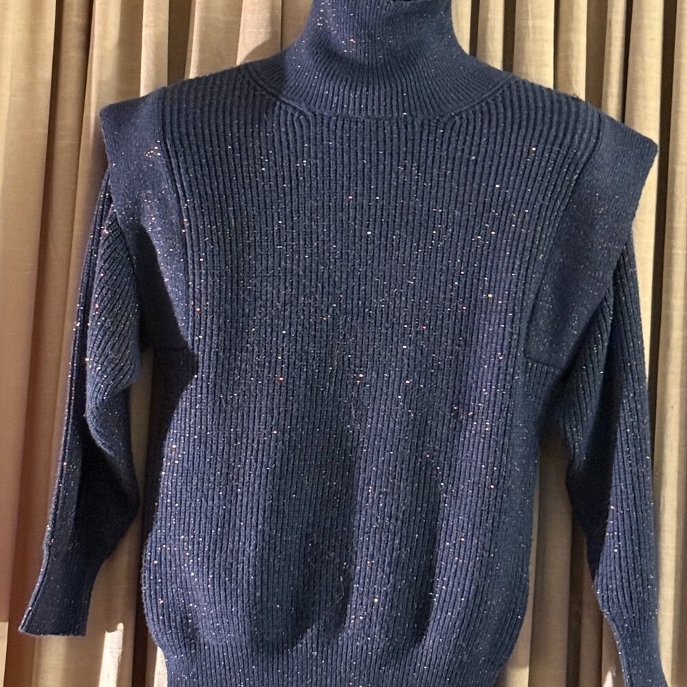 Molly Bracken sweater. Navy w gold flecks, long sleeve w hooded shoulder. Medium